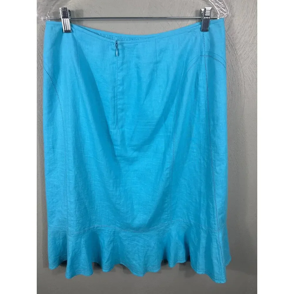 Sag Harbor Linen Blend Skirt Women 12 Blue Excellent‎ Ruffle Hem Midi T63053KH